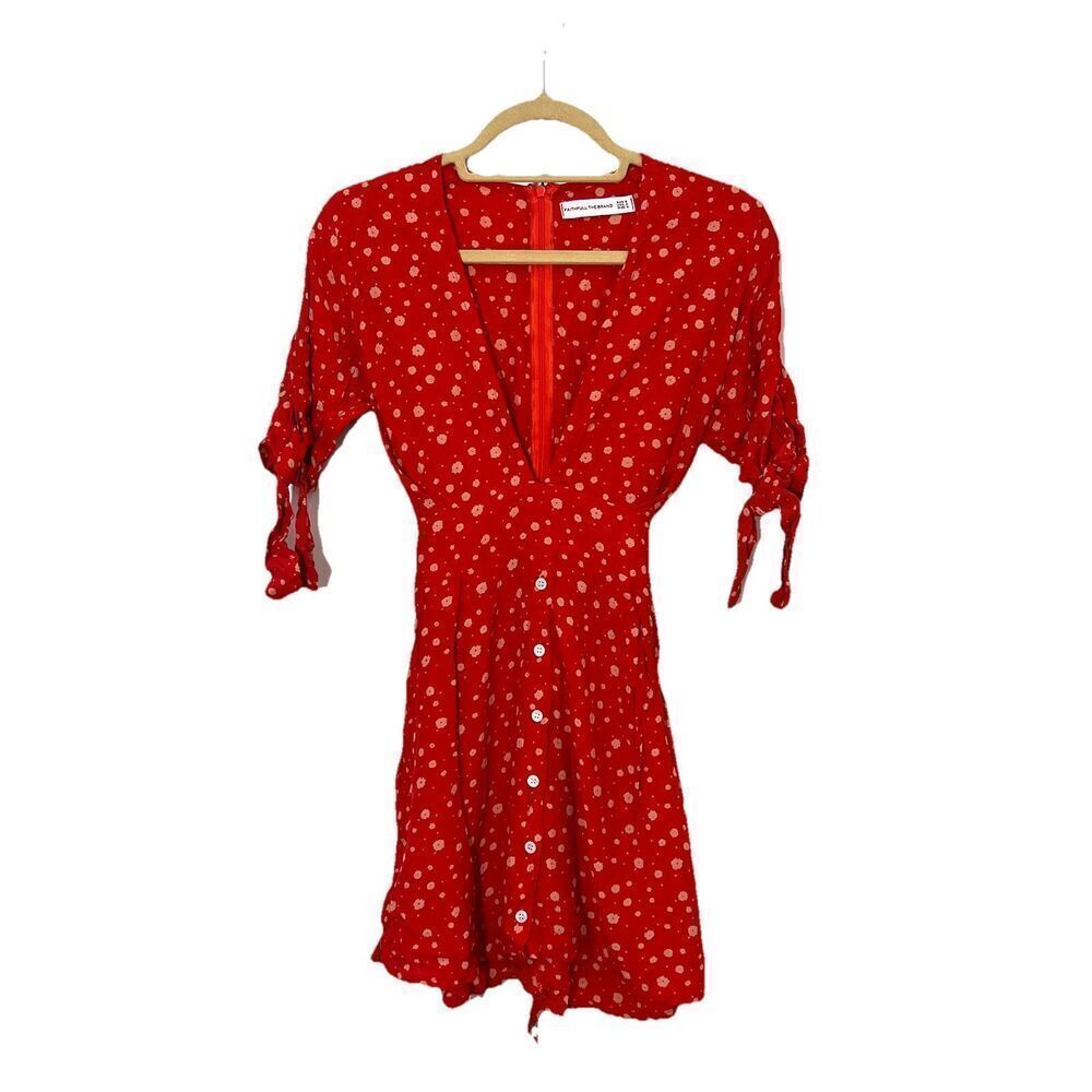 Faithful The Brand Mini Dress Red Floral V Neck Button Front Short Sleeve Size 4 - Picture 2 of 8
